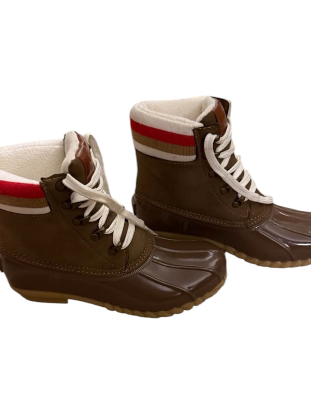 Women’s Nautica Size 6 Brown and White Lace-Up Duck Boots with Red Stripe